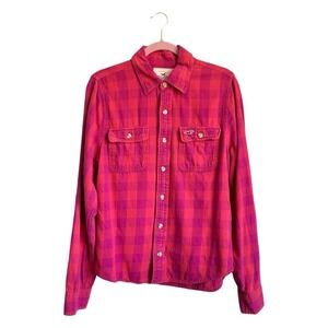 Hollister Y2K Women's Pink Plaid Button Flannel Shirt Beach Coastal Preppy Med.